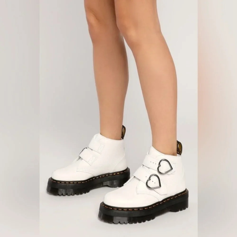 Dr. Martens Devon Heart Buckle White Leather Platform Boots